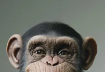 A monkey wearing a bomber jacket flashing a wide toothy grin.