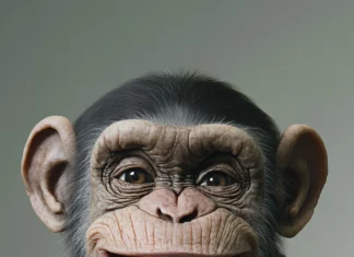 A monkey wearing a bomber jacket flashing a wide toothy grin.
