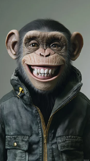 A monkey wearing a bomber jacket flashing a wide toothy grin.