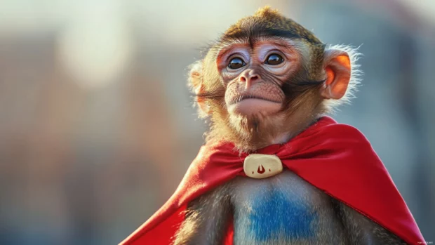 A monkey wearing a tiny cape pretending to be a superhero.