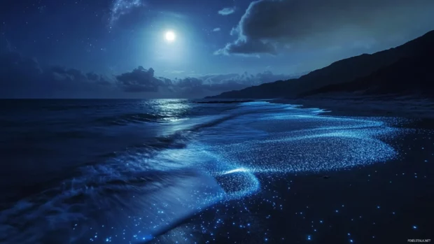 A moonlit beach with bioluminescent waves sparkling in the dark.