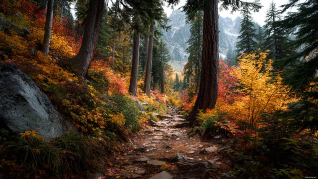 A mountain path glowing with Beautiful Fall colors, surrounded by towering trees and crisp autumn air.