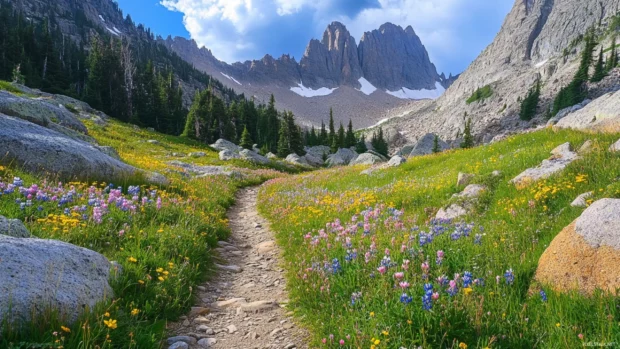 A mountain trail winding through alpine flowers and rocky outcrops.
