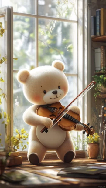 A music room with Cute Bear playing a violin.