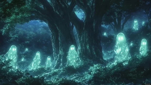 A mysterious Japanese forest in anime style where glowing spirits float among the ancient trees.