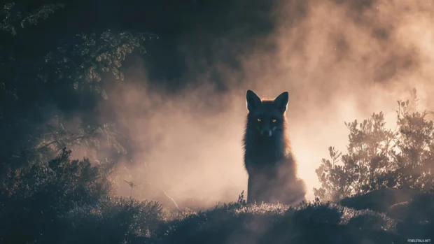 A mystical landscape where a Fox emerges from morning mist, glowing eyes and elegant silhouette, cinematic atmosphere, fantasy forest setting.