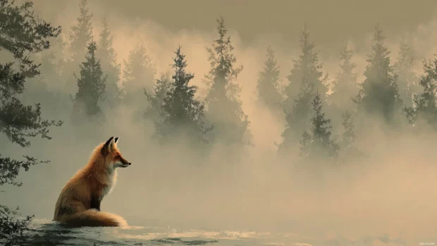 A mystical scene featuring a red fox sitting quietly as fog rolls through the pines, designed for a fox wallpaper.