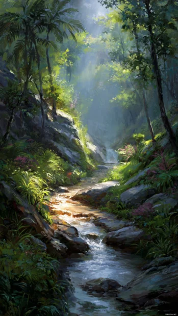 A narrow Waterfall gracefully flowing through a vibrant jungle path, shimmering in the morning light.
