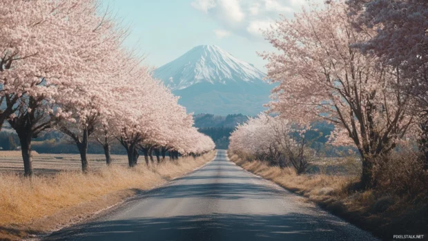 A narrow country road leading directly towards Mount Fuji framed by blooming sakura trees.
