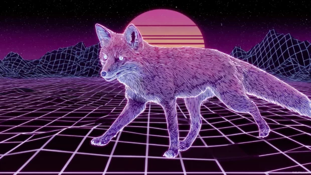 A neon outlined Fox running through a vaporwave grid landscape, purple pink hues, retro digital art, 80s synth style.