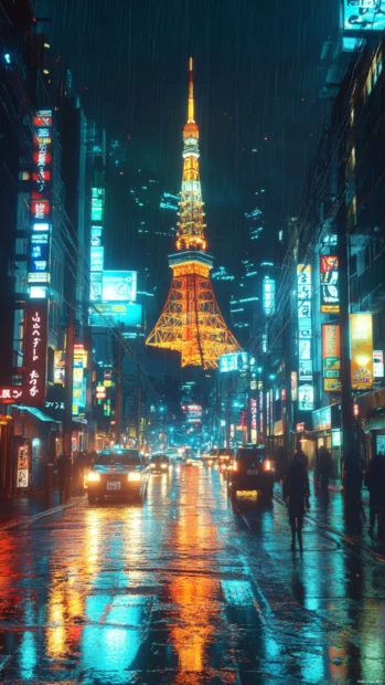 A night view of Japans Tokyo Tower sparkling brightly above the glowing city streets.