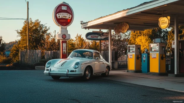 A nostalgic image of a vintage Porsche parked beside a gas station with retro signage.