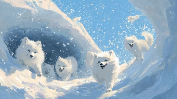 A pack of Arctic Foxes plays around an ice cave, joyful winter interaction with sparkling snow and clear sky.