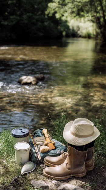 A pair of boots, a hat, and fishing supplies laid out beside a small river.