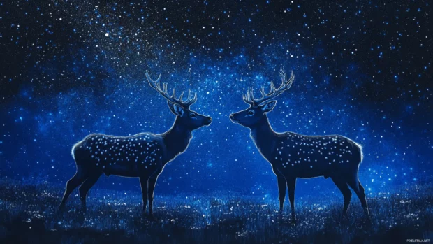 A pair of deer under a starry night sky.