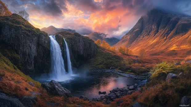 A panoramic highland valley where waterfalls crash into misty pools reflecting a vibrant cosmic canvas above.