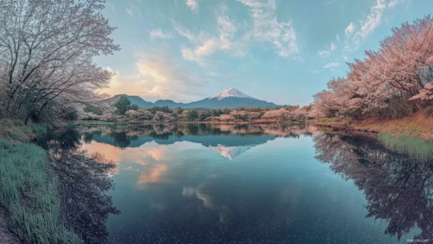A panoramic view of Japans Mount Fuji reflecting in a serene lake surrounded by cherry blossoms.
