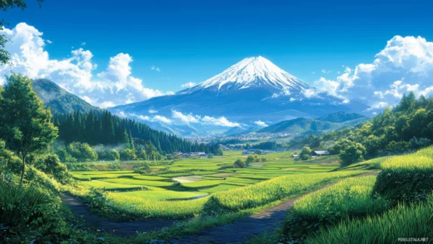 A panoramic view of Mount Fuji surrounded by lush green rice paddies under a clear blue sky.