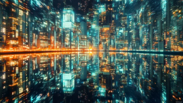 A panoramic view of Tokyo city lights reflecting on the river creating a stunning urban mirror.
