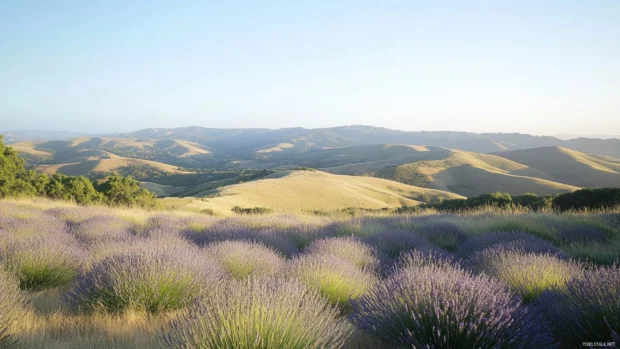 A panoramic view of rolling hills covered in lavender fields stretching to the horizon.
