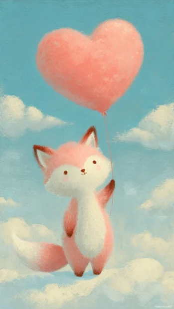 A pastel illustration of a Cute Fox holding a heart shaped balloon, blue sky and soft clouds in the background.