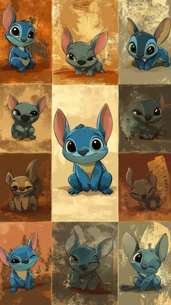 A patchwork of Stitch images showing cute poses on a muted earth tone background.