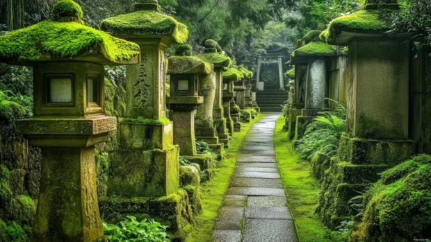 A path through an ancient Japan cemetery lined with moss covered stone lanterns and statues.
