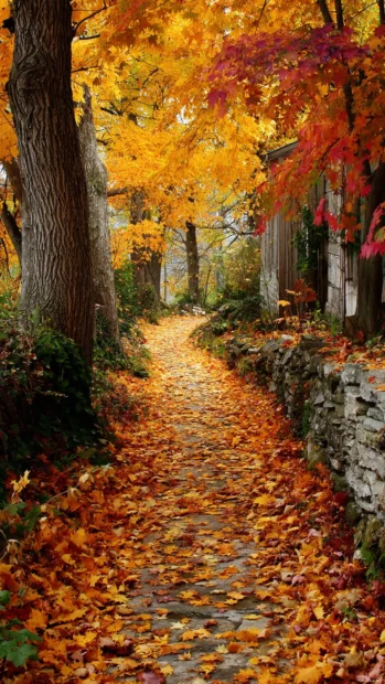 A pathway covered in golden and red Fall leaves, forming a natural colorful carpet.