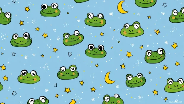 A pattern of happy Froggy faces with stars and moons on a light blue background, seamless and playful.
