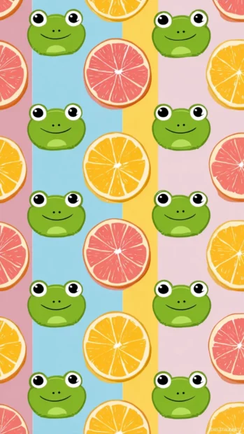 A pattern style Frog Phone Wallpaper with alternating frog faces and pastel colored fruit slices.