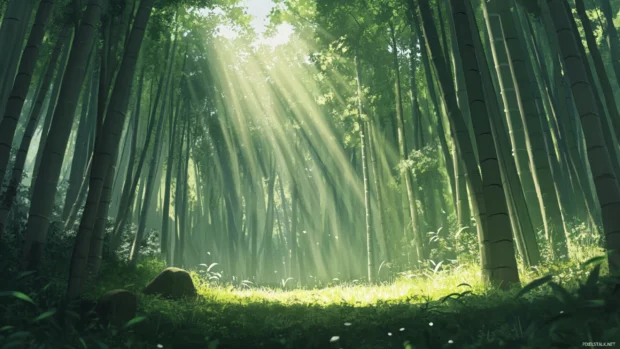 A peaceful Japan bamboo forest where sunlight filters softly through towering green stalks.