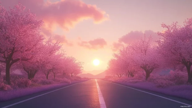 A peaceful Japan countryside road lined with cherry blossoms under a soft pink sunset.
