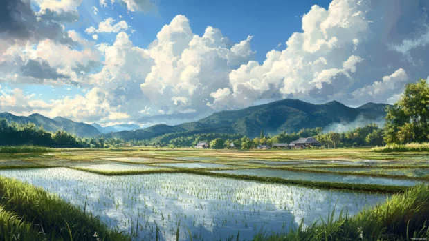 A peaceful Japan countryside with rice fields stretching under a dramatic summer sky.