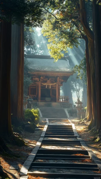 A peaceful Japan shrine hidden among tall cedar trees with soft sunlight filtering through the leaves.