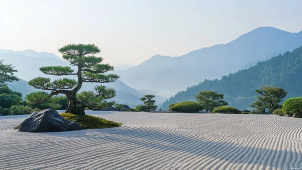 A peaceful Japan zen garden with perfectly raked sand and delicate bonsai trees set against a backdrop of distant mountains.