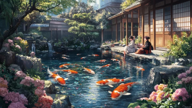 A peaceful Japanese garden with anime characters sitting by a koi pond surrounded by flowers.