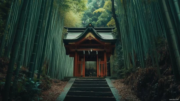 A peaceful Japanese shrine hidden in a bamboo forest where anime spirits quietly gather.
