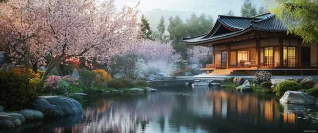 A peaceful Japanese temple garden under cherry blossoms portrayed in beautiful 3440x1440 resolution.