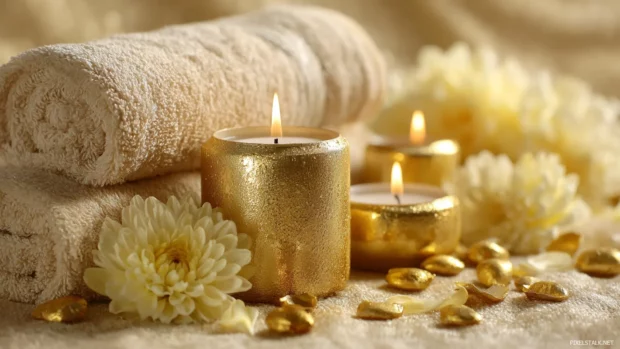 A peaceful Luxury spa scene with soft towels, golden candles and delicate flower petals.