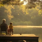 A peaceful afternoon with a child and grandparent enjoying bass fishing together.