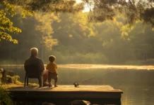 A peaceful afternoon with a child and grandparent enjoying bass fishing together.