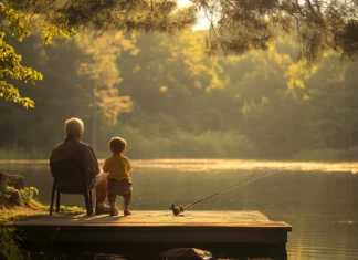 A peaceful afternoon with a child and grandparent enjoying bass fishing together.