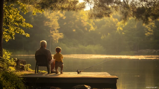 A peaceful afternoon with a child and grandparent enjoying bass fishing together.