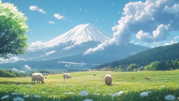 A peaceful anime countryside with cute animals grazing under Mount Fuji in the distance.