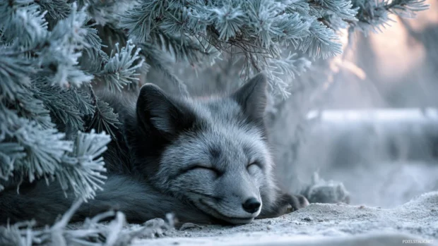 A peaceful arctic fox background showing a fox resting under frosty pine branches with subtle morning mist.
