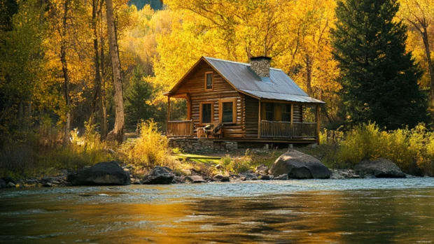 A peaceful cabin by the river where someone is fly fishing nearby.