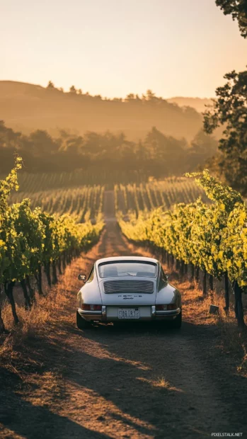 A peaceful early morning shot of Porsche parked near a quiet vineyard under golden dawn light.