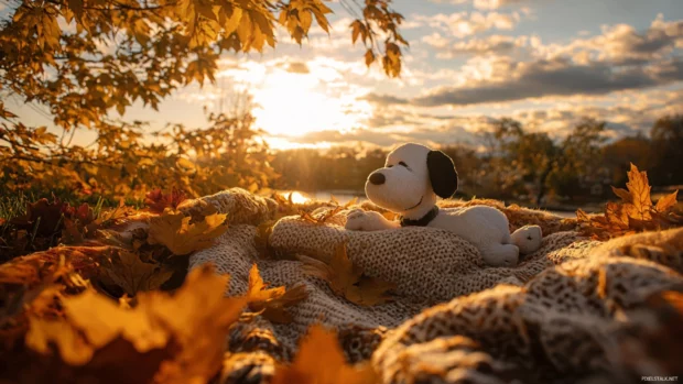 A peaceful fall moment with Snoopy lying on a blanket surrounded by crunchy leaves under a golden sky.