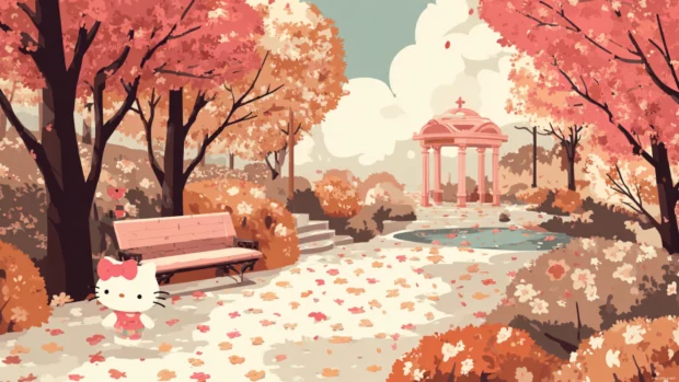 A peaceful fall park where Hello Kitty is playing with scattered autumn leaves.