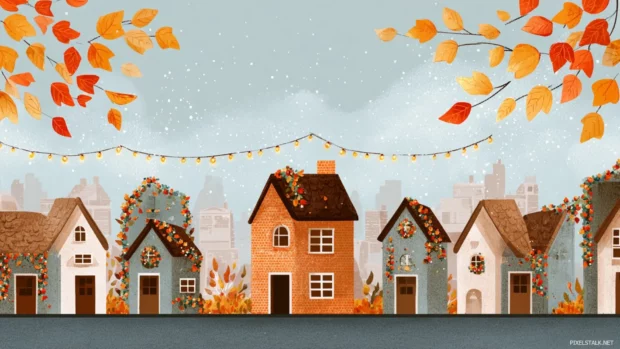 A peaceful fall village preparing for Thanksgiving with festive garlands, orange leaves, and cozy homes.